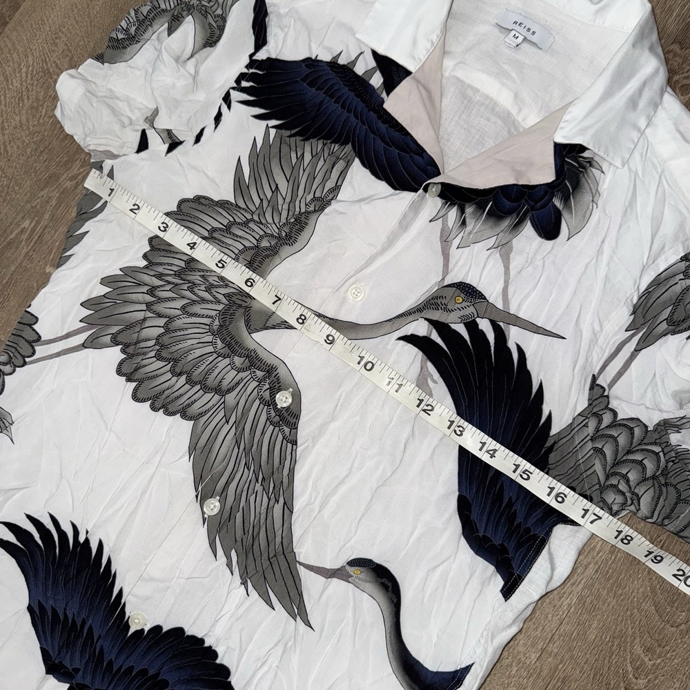 Reiss The Gigi Printed Viscose Short Sleeve Camp Collar Shirt Men M White Cranes - Picture 5 of 6